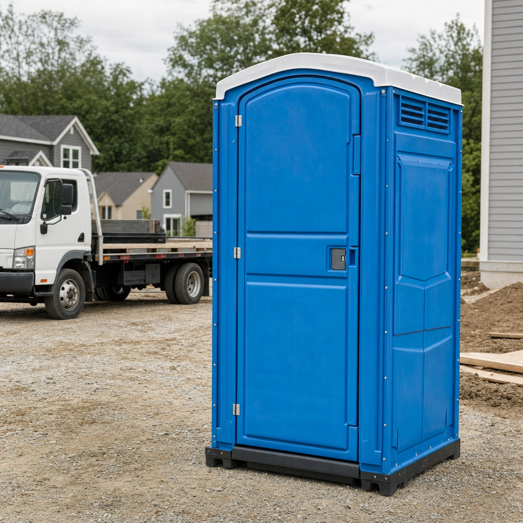 Delivery driver positioning a clean royal-blue portable toilet on level ground at a Grand Prairie worksite