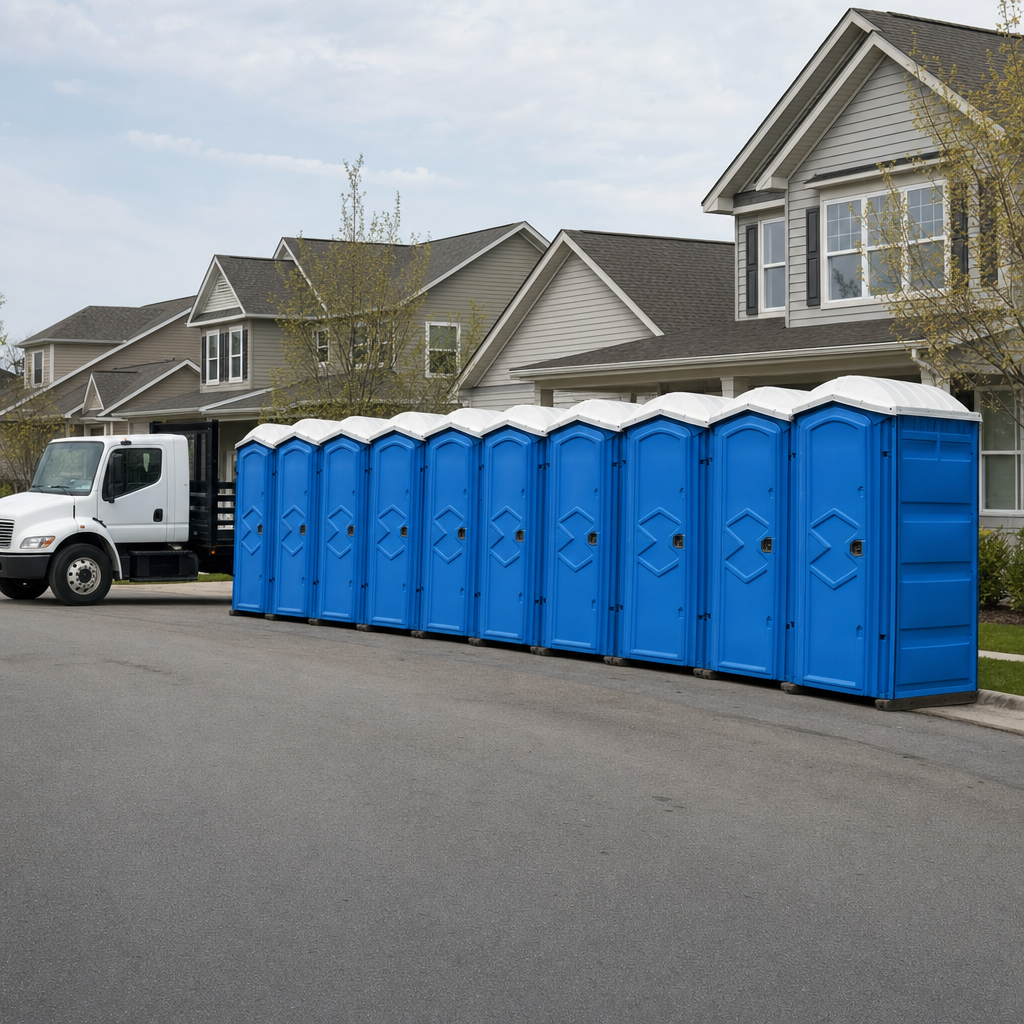 Royal blue portable toilets staged in a tidy row at a Grand Prairie jobsite, ready for delivery
